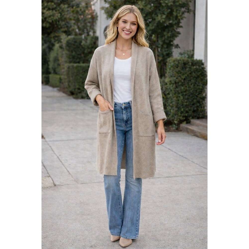 Luxury Knit Heathered Oatmeal Beige Longline Cardigan Duster Shawl Collar / XL